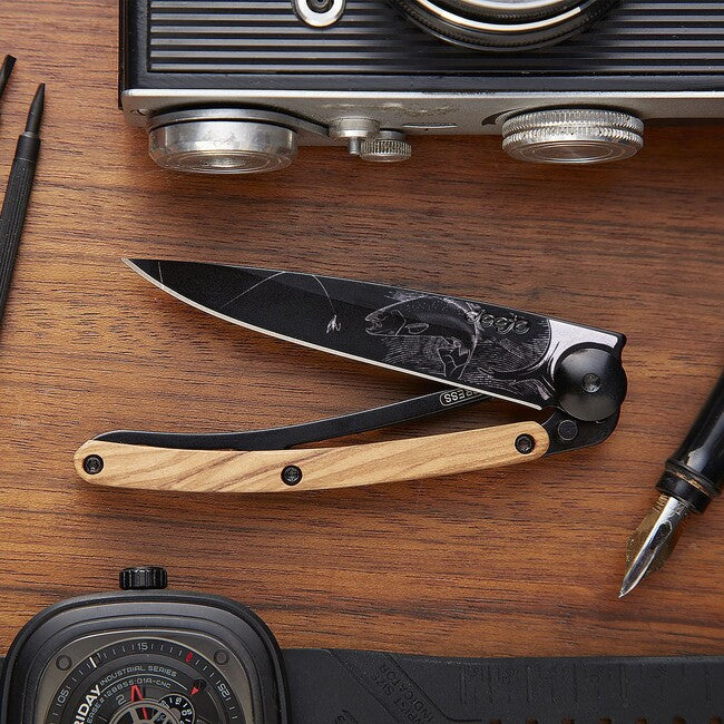 Deejo Tattoo Folding Knife, Black Olive Wood Trout