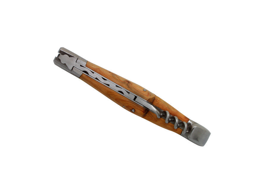 Laguiole DUB071 Folding Knife, 12cm Blade, Damascus Steel, Corkscrew, Juniper Handle