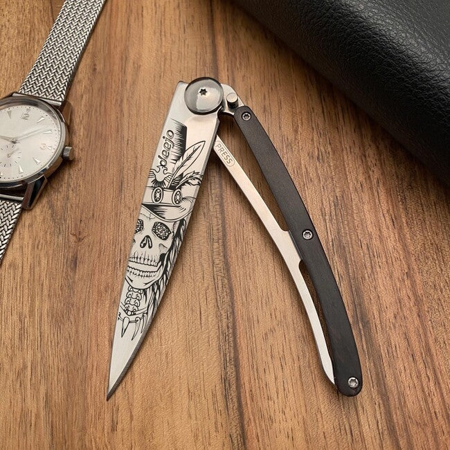 Deejo Tattoo Mirror Folding Knife, Ebony Wood, Dandy Skull