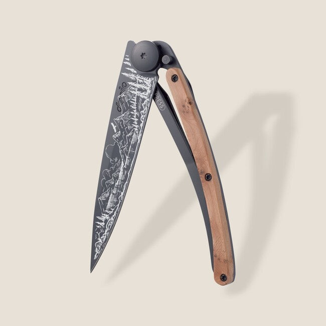 Deejo Tattoo Folding Knife, Black Juniper Wood, Mountain