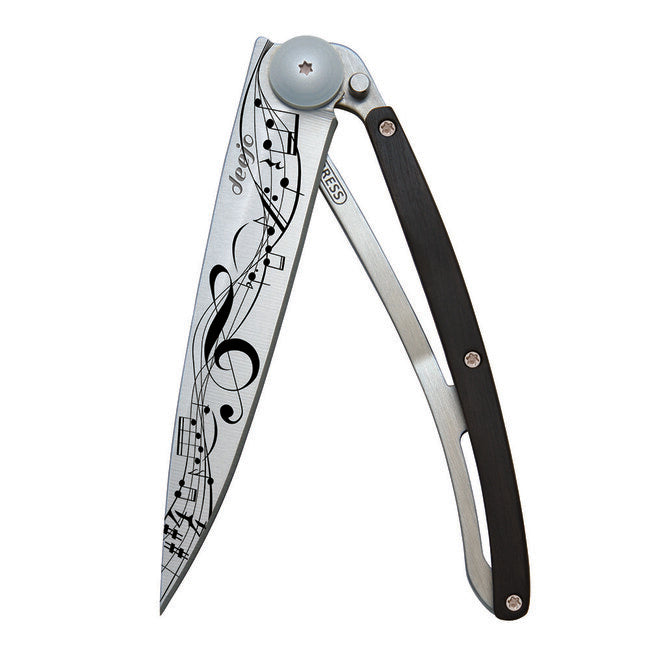 Deejo Tattoo Folding Knife Ebony Wood Partition