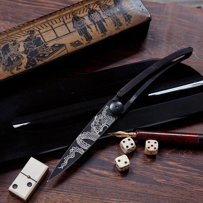 Deejo Black Tattoo Folding Knife, Ebony Wood, Japanese Dragon
