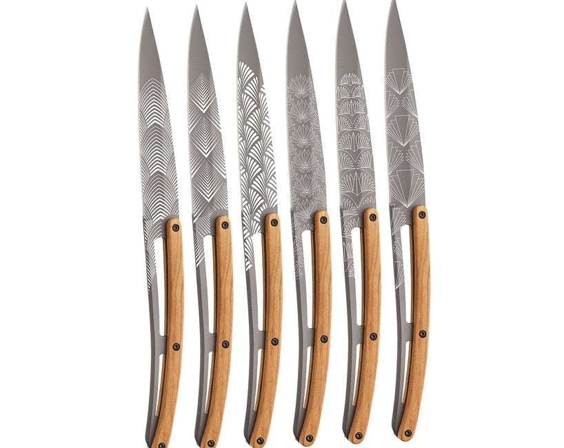 Deejo Tattoo Art Déco Steak Knife Set, Light Titanium with Olive Wood