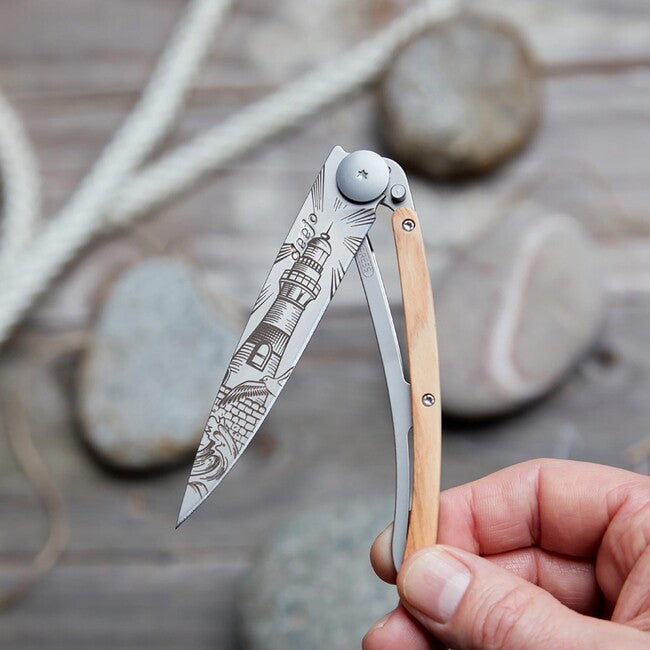 Deejo Tattoo Wood Lighthouse Folding Knife
