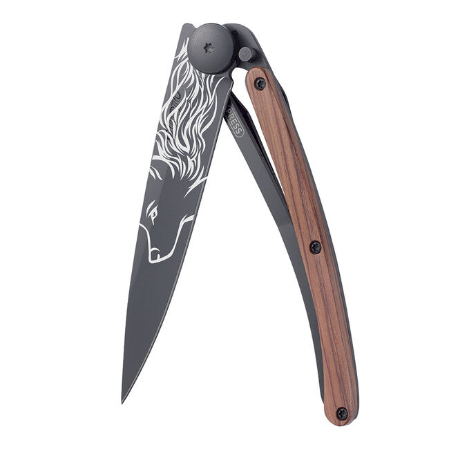 Deejo Black Tattoo Coralwood Wolf Folding Knife