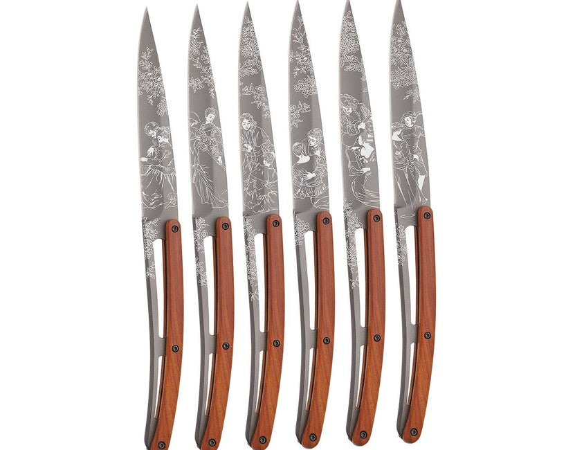 Deejo Tattoo Steak Knives Set, Light Grey Surface, Coralwood, Toile de Jouy