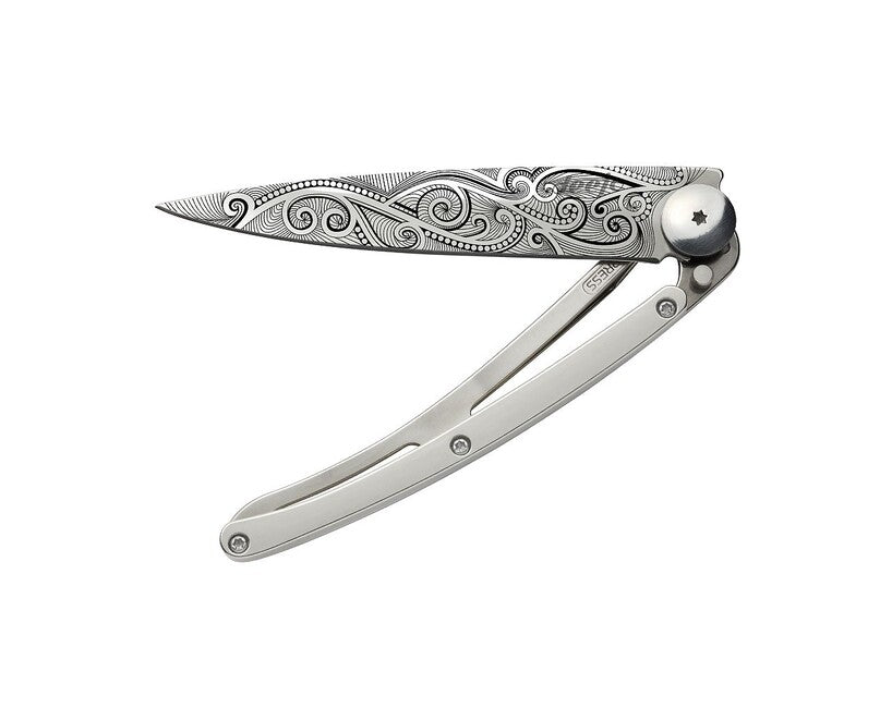 Deejo Tattoo Folding Knife, White Gold Pacific