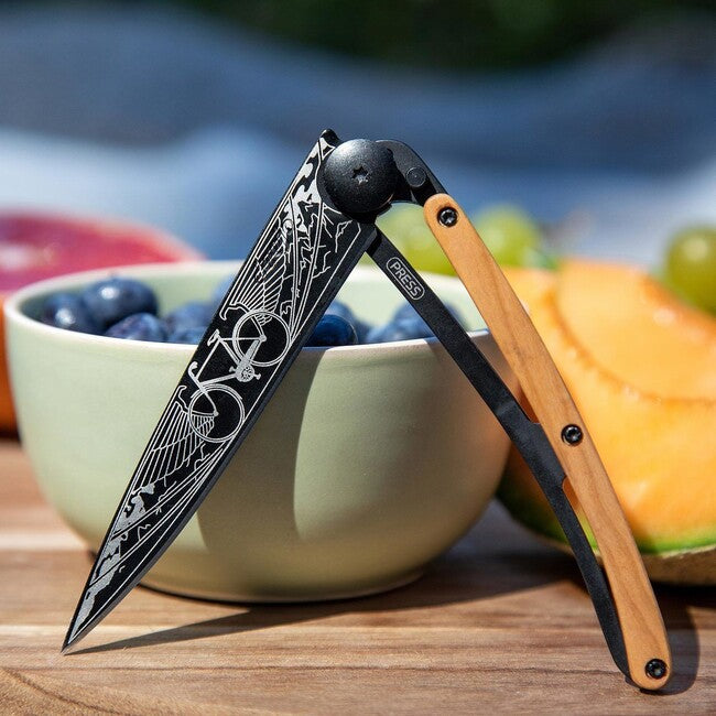 Deejo Black Tattoo Juniper Wood Folding Knife, Bicycle