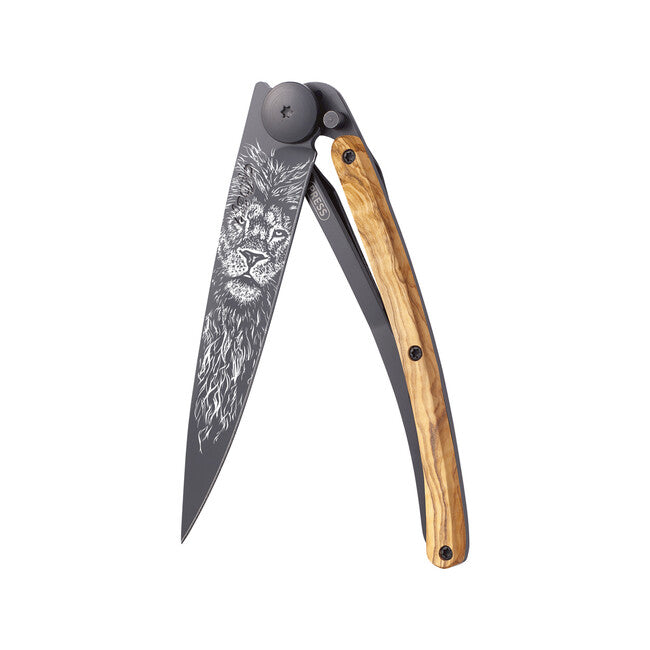 Deejo Tattoo Folding Knife, Black, Olive Wood, Leo