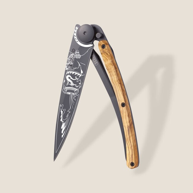 Deejo Tattoo Folding Knife, Black, Olive Wood, Aquarius