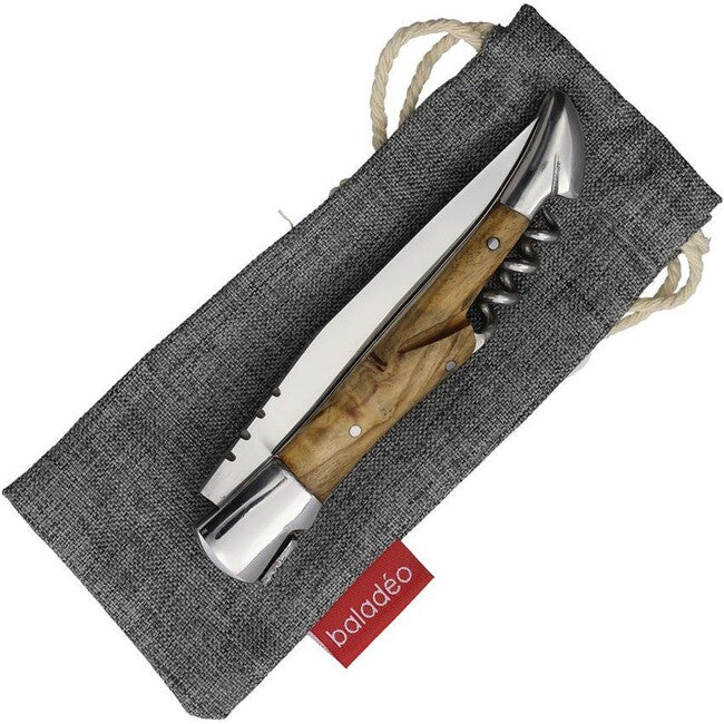 Baladeo DUB1045 Pocket Knife with Corkscrew, 11cm Blade, 440 Steel, Olive Wood Handle