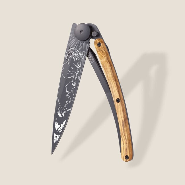 Deejo Tattoo Folding Knife, Black, Olive Wood, Aries