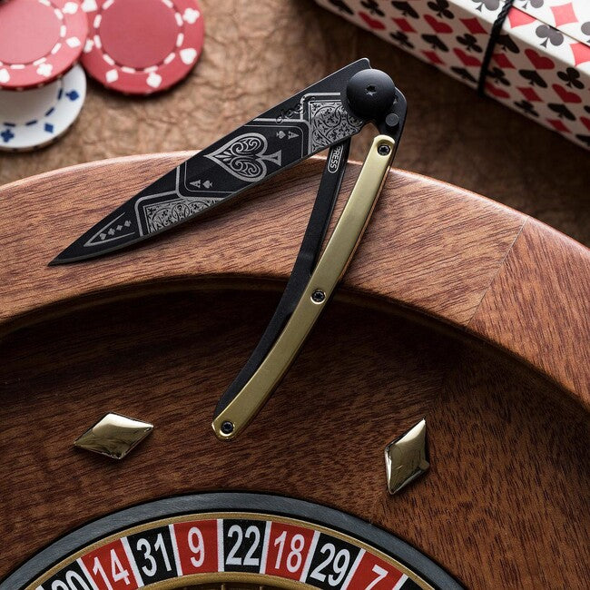 Deejo GOLD Tattoo Folding Knife, 23kt Yellow Gold, Good Luck