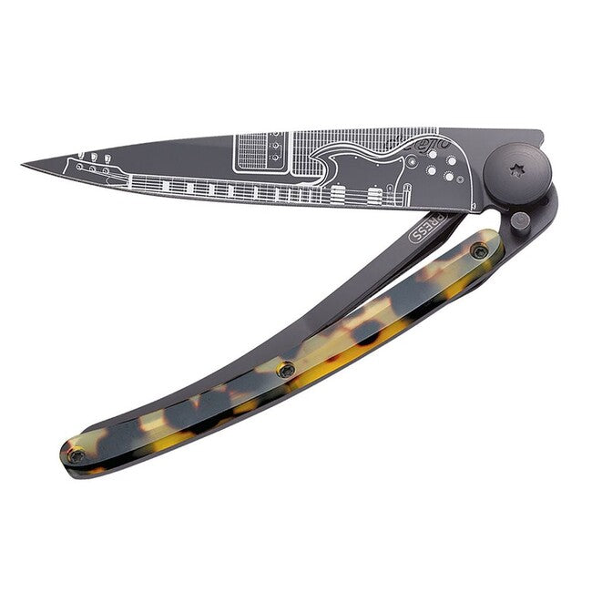 Deejo Tattoo Turtle Folding Knife, Black Turtle Shell Rock'n Roll