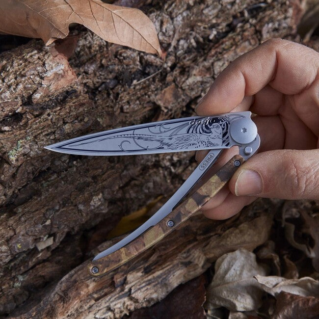 Deejo Tattoo Folding Knife, Camo Pheasant