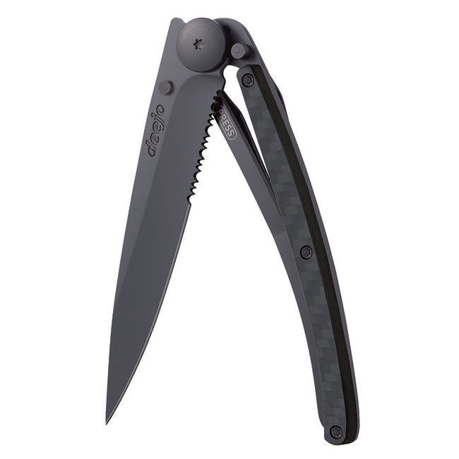 Deejo Serration Folding Knife, Black Carbon