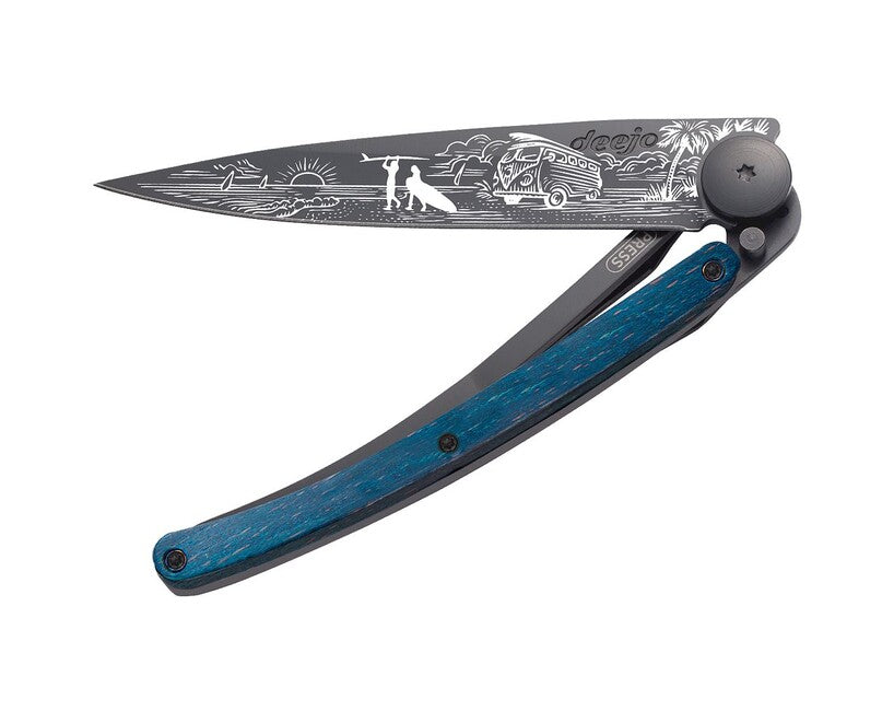 Deejo Tattoo Van Life Folding Knife, Black Blue Beech