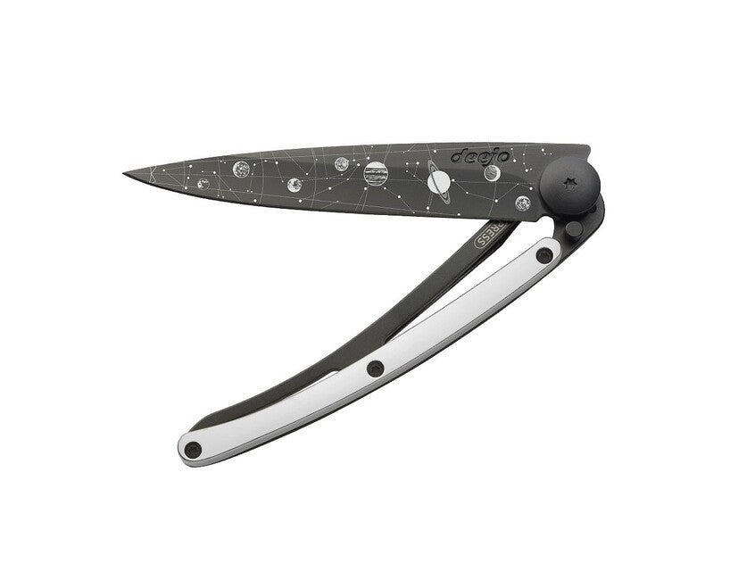 Deejo GOLD Tattoo 9k Folding Knife, White Gold Astro