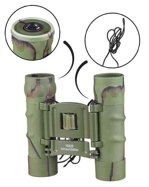 Mil-Tec Binoculars 10x25 GEN II Rubber Coated with Case, Woodland