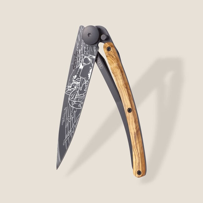 Deejo Tattoo Folding Knife, Black Olive Wood Cancer
