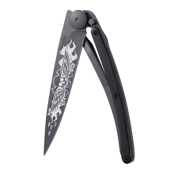 Deejo Tattoo Biker Angels Folding Knife, Black Ebony Wood