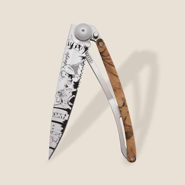 Deejo Tattoo Serration Folding Knife, Brown Camo Hunting Day