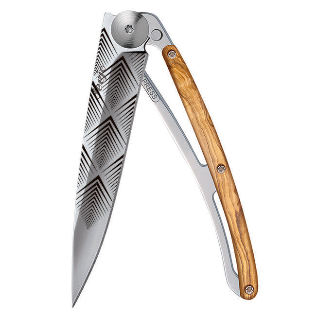 Deejo Tattoo Mirror Folding Knife, Olive Wood, Art Deco