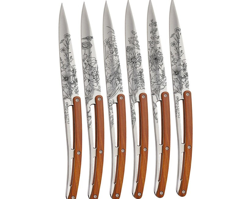 Deejo Tattoo Set of 6 Steak Knives Polished Finish Coralwood Blossom Design