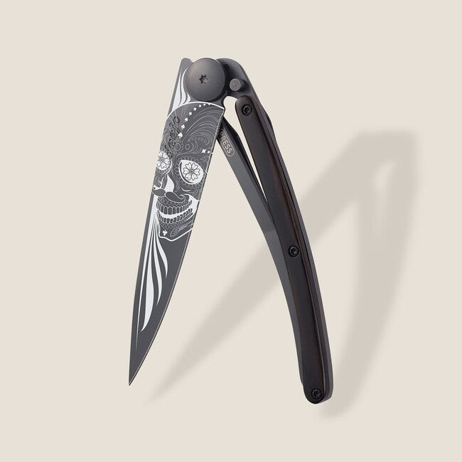 Deejo Black Tattoo Biker Folding Knife, Ebony Wood, Latino Skull