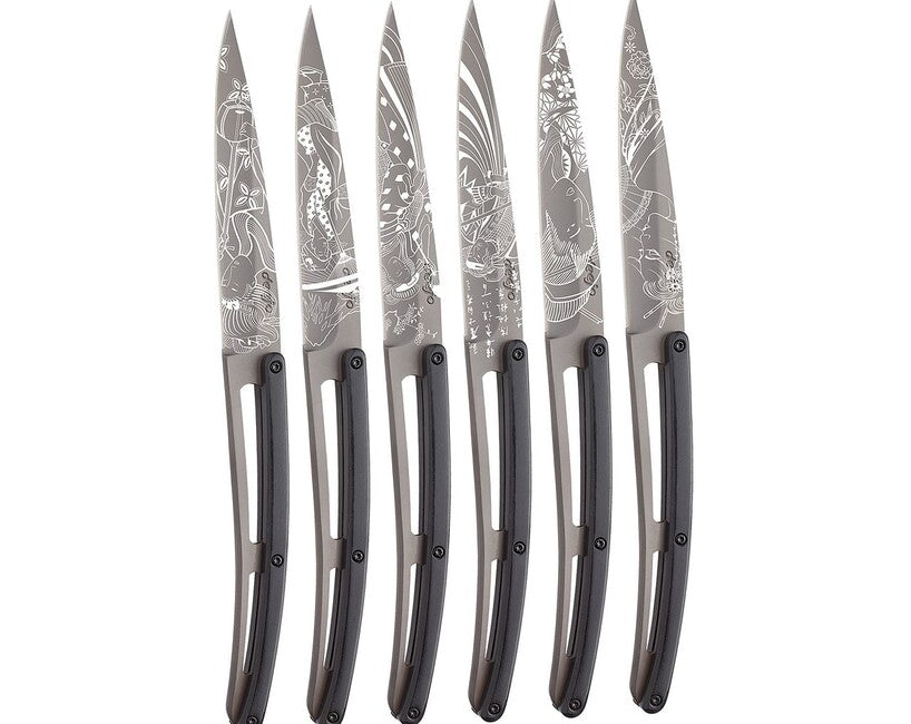 Deejo Tattoo Steak Knife Set, Light Grey Surface Ebony Japan