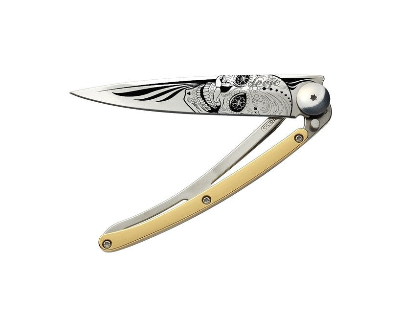 Deejo Tattoo Folding Knife GOLD Latino Skull, Yellow Gold