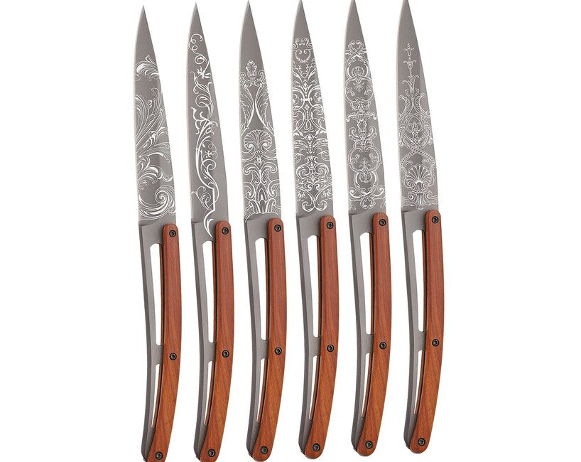 Deejo Tattoo Steak Knife Set, Light Grey, Coralwood, Grand Siecle