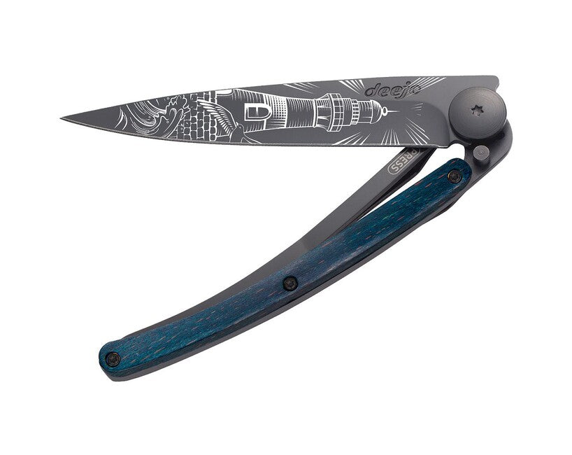 Deejo Tattoo Folding Knife, Black Blue Beech Lighthouse