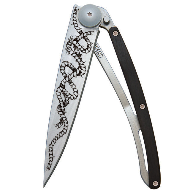 Deejo Tattoo Folding Knife, Ebony Wood, Rope