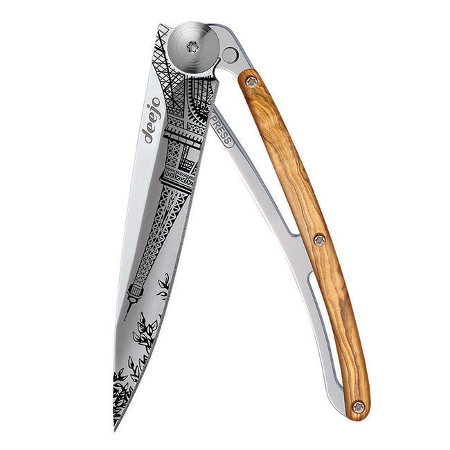 Deejo Tattoo Mirror Folding Knife, Olive Wood, Eiffel Tower