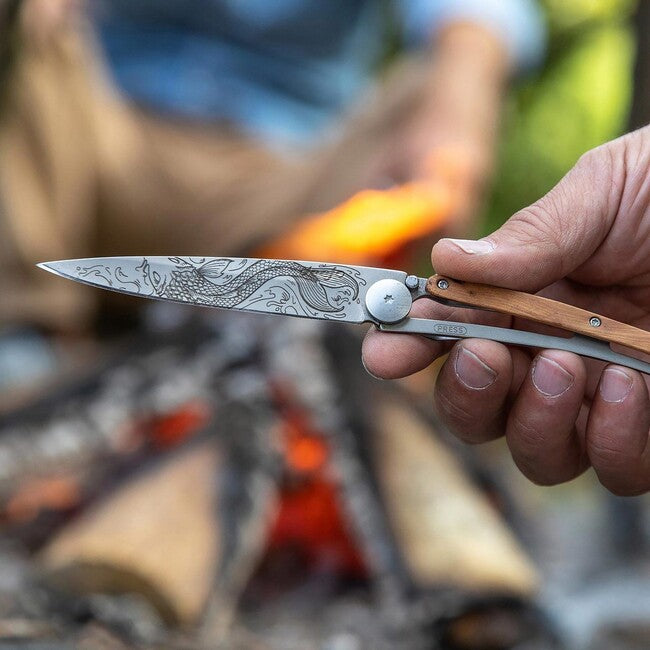 Deejo Tattoo Fish Folding Knife, Juniper