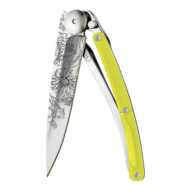 Deejo Blossom Folding Knife, Yellow Tattoo
