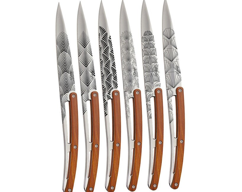 Deejo Tattoo 6-Piece Steak Knives Set, Polished Finish, Coralwood, Art Deco Design