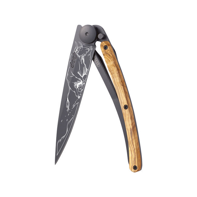 Deejo Tattoo Folding Knife, Black, Olive Wood, Taurus