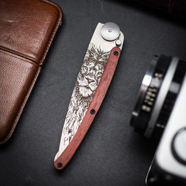 Deejo Tattoo Lion Folding Knife, Coralwood