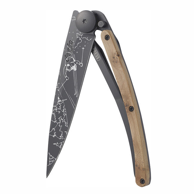 Deejo Tattoo Folding Knife, Black Juniper Wood, Ski