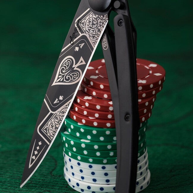 Deejo Black Tattoo Biker Folding Knife, Ebony Wood
