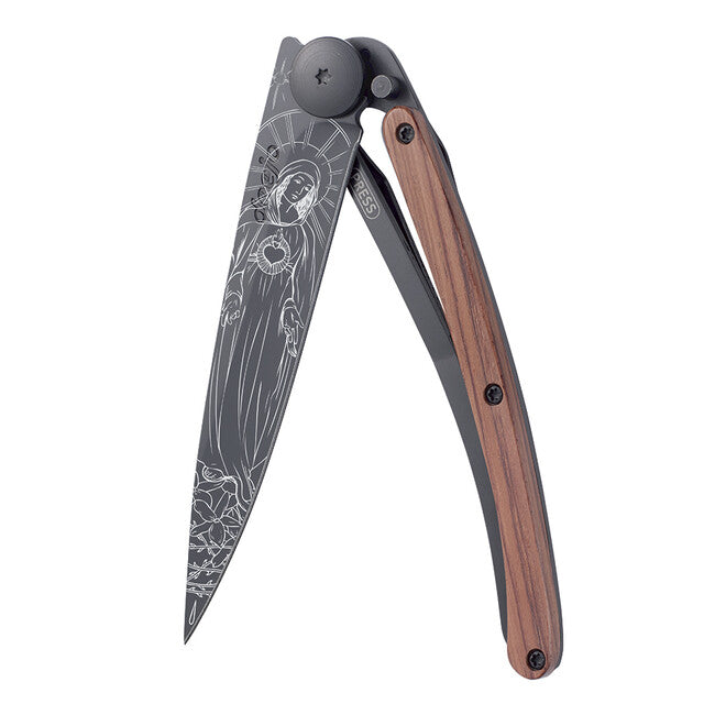 Deejo Black Tattoo Folding Knife, Coralwood Madonna