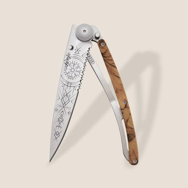 Deejo Tattoo Serration Folding Knife, Brown Camo Viking Vegvisir