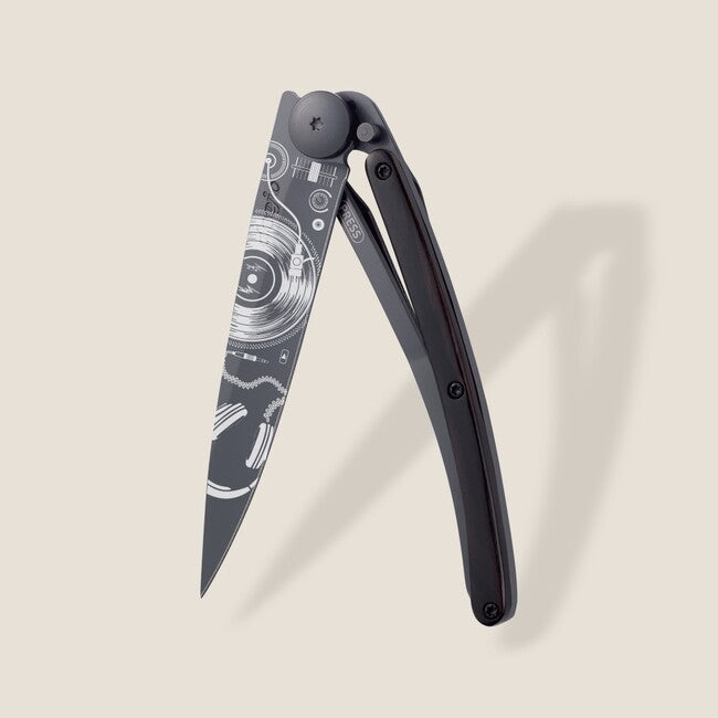Deejo Tattoo Folding Knife, Black Ebony Wood Vinyl