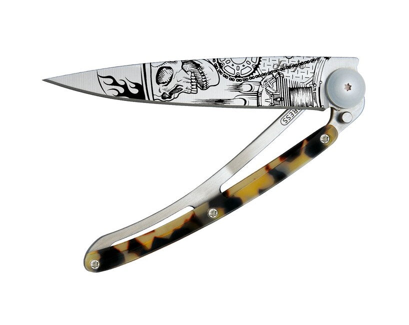 Deejo Tattoo Turtle Folding Knife, Grey Titanium, Dark Turtle Ride or Die
