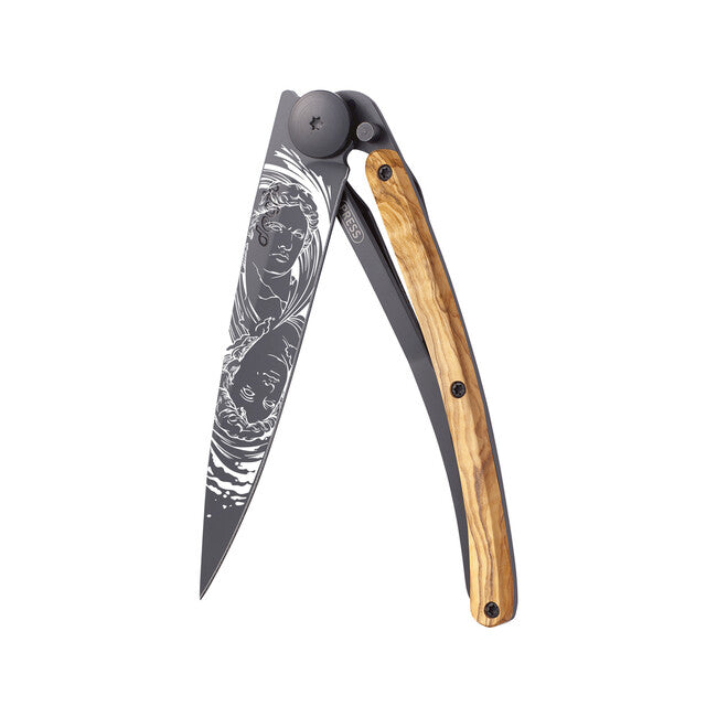 Deejo Tattoo Folding Knife, Black, Olive Wood, Gemini