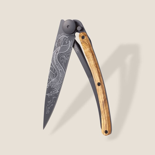 Deejo Tattoo Folding Knife, Black, Olive Wood, Pisces