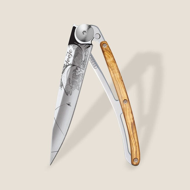 Deejo Tattoo Mirror Folding Knife, Olive Wood, Trout