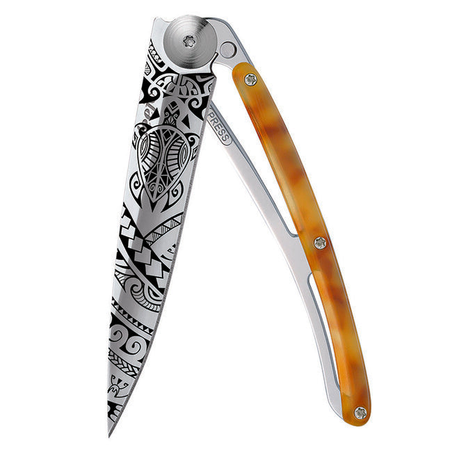 Deejo Tattoo Turtle Folding Knife, Mirror, Turtle Shell Polynesia